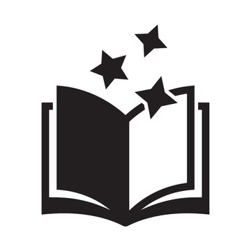 Open Book with Magic Stars Icon Black and White Vector Illustration