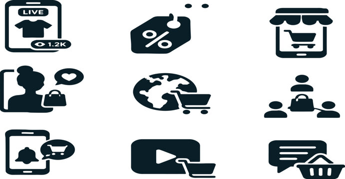 Live shopping and e commerce black icons set featuring discount tag online store cart live stream sale and social media shopping symbols