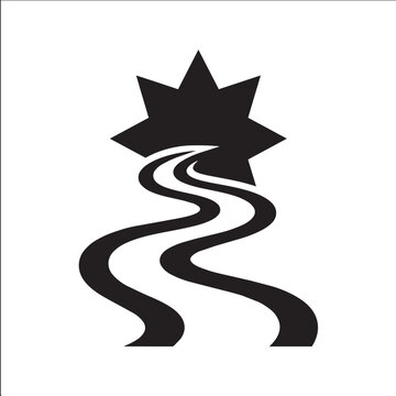 Minimalist black and white vector logo of a winding road leading to a sun or star