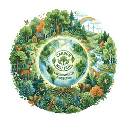 Obraz premium Carbon Neutral Environmental Protection Watercolor Earth Ecosystem Illustration.