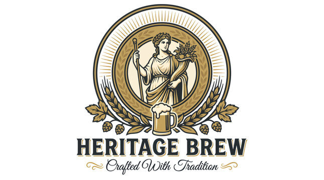 Vintage craft beer brewery emblem with goddess and hops.