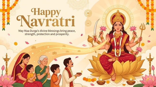 Happy navratri festival poster with goddess durga blessing a devoted family