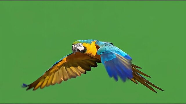Majestic blue and yellow macaw parrot flying footage isolated on green screen