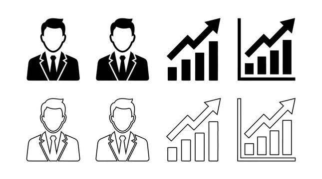 A collection of black and white business icons featuring professional male figures and upward trending bar charts