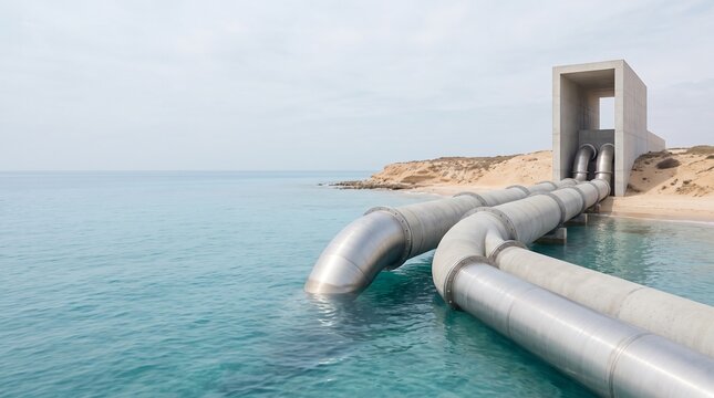 The pipelines of the water intake of the desalination plant are in the water under a clear sky.