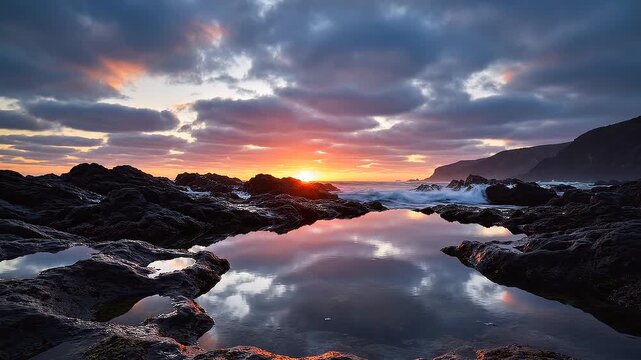 Dramatic Sunset Reflection in Tide Pool on Rocky Coastline