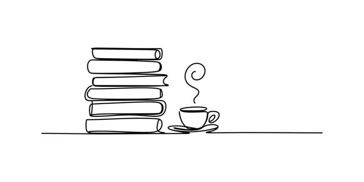 Continuous line drawing of a stack of books and a hot cup of coffee on a table