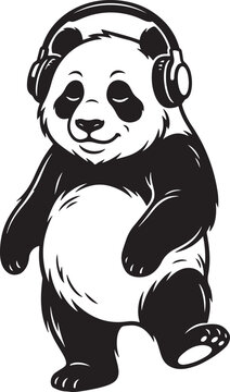 Cute panda cartoon dancing with headphones, listening to music, black and white illustration