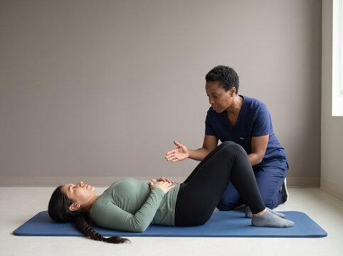 Physiotherapist Guiding Postpartum Mother in Pelvic Floor Exercise