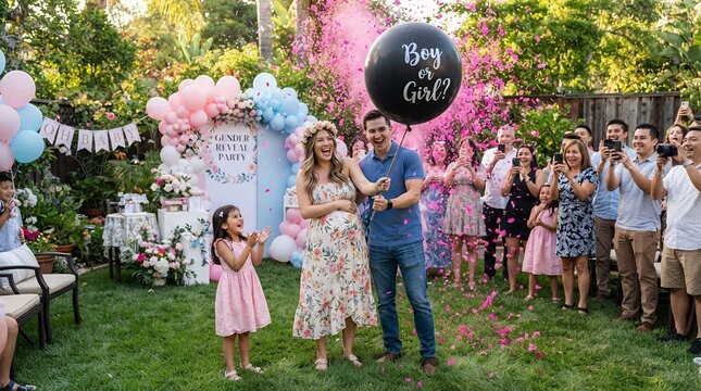 Happy couple revealing baby gender with pink smoke during outdoor party celebration with family and friends.