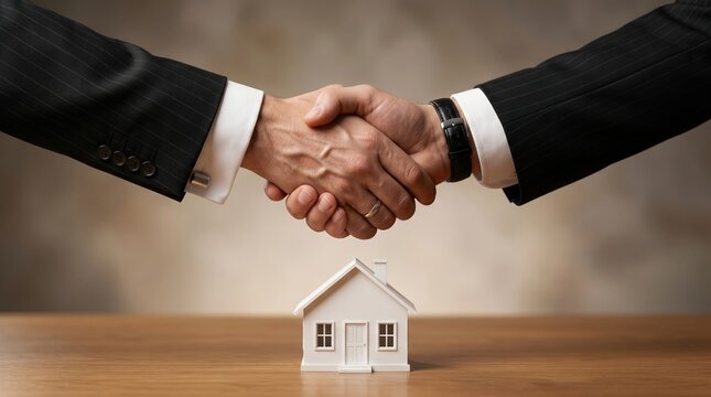 Real estate business professionals shaking hands over a miniature house model on a table with handshake