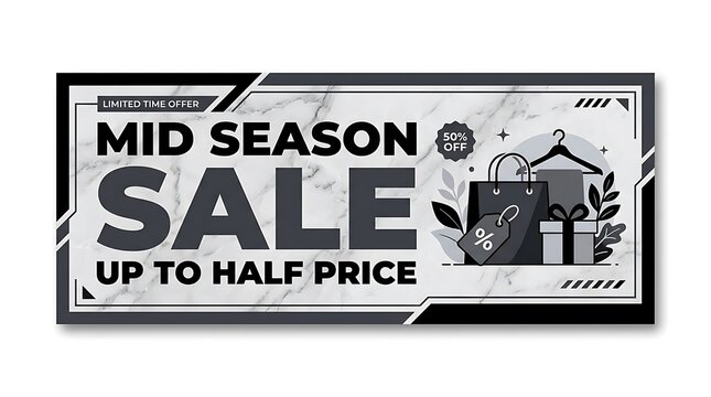 Promotional banner graphic advertises a mid season sale offering up to half price discounts.