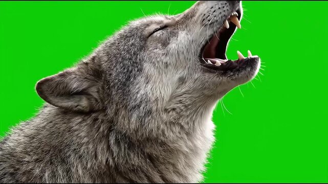 Gray wolf howling and snarling with open mouth on green screen chroma key footage