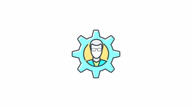 A colorful animated icon of a person inside a gear representing technical support and engineering.