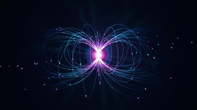 Abstract Glowing Particle Swarm Physics Simulation with Dynamic Energy Orbs and Neon Light Streaks