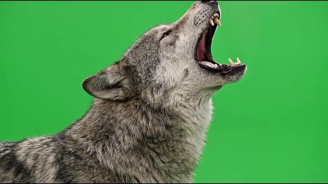 Majestic gray wolf howling on green screen background footage for visual effects.