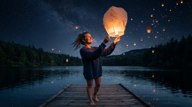 Woman Releasing Sky Lantern Over Lake at Night.