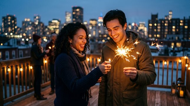 Young couple celebrating with sparklers on rooftop at night with city skyline.