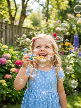 Young Girl Blowing Bubbles in a Sunny Garden.