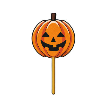 A round orange pumpkin shaped lollipop for Halloween on a stick on transparent background
