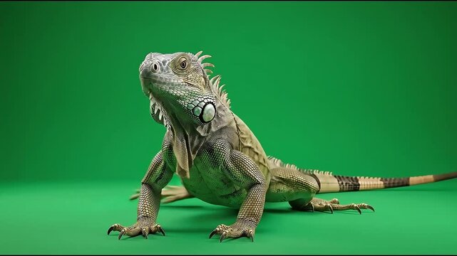 Alert green iguana sitting on a chroma key green screen background footage video clip