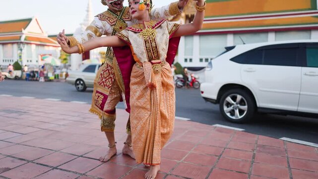 Traditional Thai Khon Dancers Perform Suphannamatcha and Hanuman at Wat Suthat