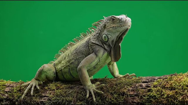 Video clip of a large green iguana perched on a mossy branch with chroma key background.