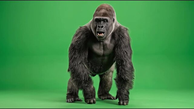 Powerful silverback gorilla walking toward camera on green screen background footage
