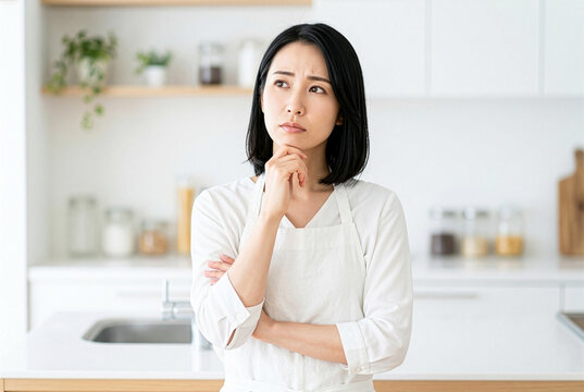 キッチンで献立や料理に悩むエプロン姿の日本人女性｜考える・悩み・家事のシーン