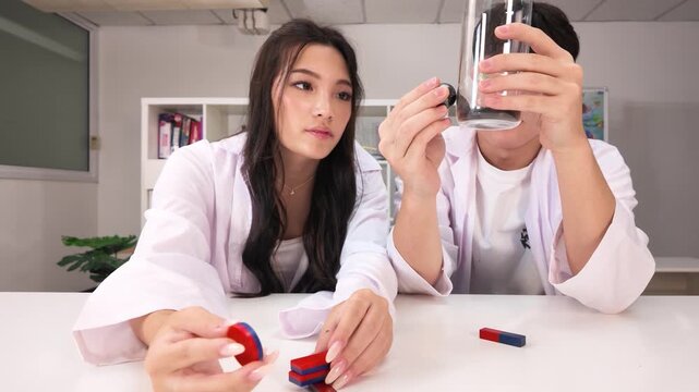 Teenage Students Conducting Magnetism Experiment with Iron Filings in Science Lab