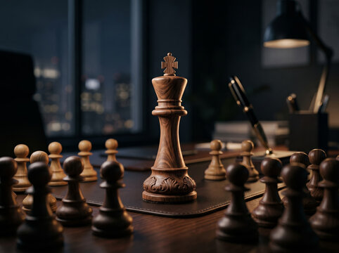Wooden chess king standing on board in modern executive office