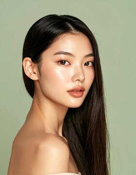 Korean Beauty Model with Dewy Skin Against Soft Green Background