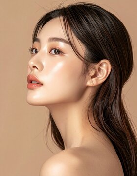 Close Up Korean Beauty Portrait with Dewy Skin and Natural Makeup