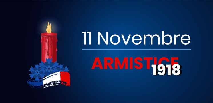 November 11 Armistice 1918 commemorative illustration with memorial candle, blue cornflowers and French tricolor brush stroke. Symbolic remembrance design honoring peace and fallen soldiers.