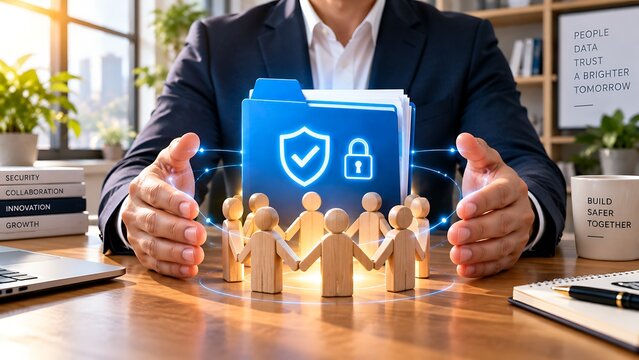 Business security concept showing a professional protecting employees, company data, digital assets, and workplace information