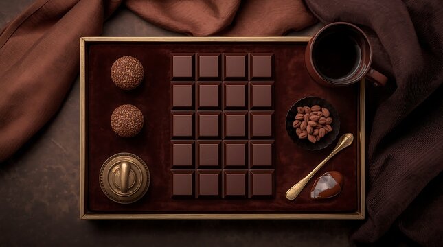 Elegant flat lay of a gourmet dark chocolate bar, artisanal cocoa truffles, roasted coffee beans, and a cup of black coffee served on a luxury velvet tray with warm ambient lighting.
