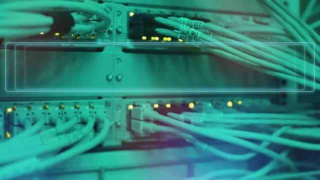 Digital password authentication interface appearing over a network server rack with connected ethernet cables with field appearing unlocking password entry video digital over modern infrastructure