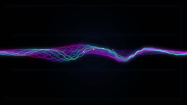 Motion graphic abstract wave of colorful particles forming a digital sound equalizer on black background, futuristic technology theme
