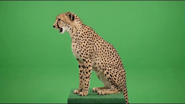 Full body footage of a wild cheetah sitting on a green screen chroma key background