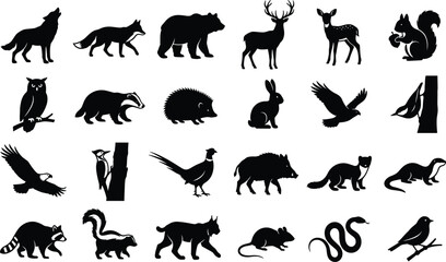 Forest Wildlife and Woodland Animals Silhouette Vector Set with Wolf Bear © MdShoriful