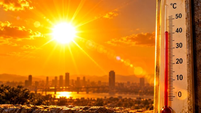 Extreme heat concept with thermometer showing high temperature over a city landscape during intense summer sunlight