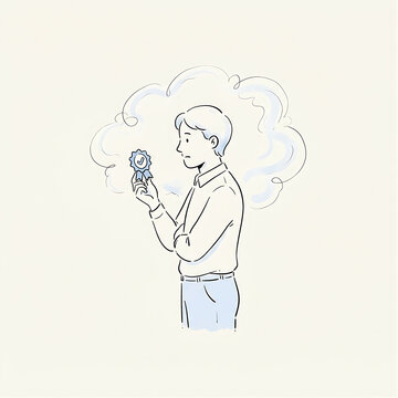 Minimal hand-drawn illustration of a professional looking at a small badge-shaped success symbol while a faint self-doubt cloud sits behind them, gentle black ink line work with soft blue accent