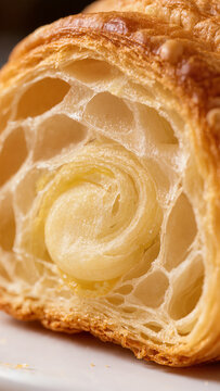 Macro close up of flaky butter croissant cross section showing airy layers, fresh bakery and french pastry concept with vertical copy space for text