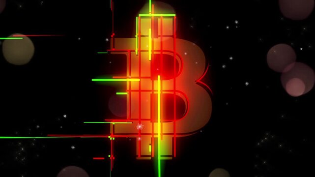 Glitch effect cryptocurrency symbol glowing with red and yellow light against a dark starfield background with background filled sparkling flickering glitch effects currency sign flickering digital