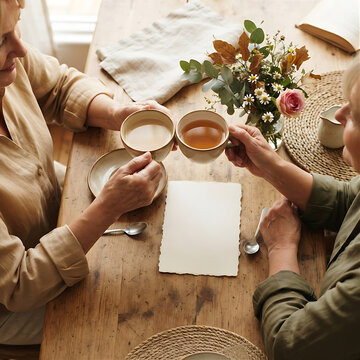 Photorealistic overhead photo of two friends&rsquo; hands sharing tea beside a simple handwritten blank card and flowers, warm natural light, cozy neutral table setting, no readable text and no branding.