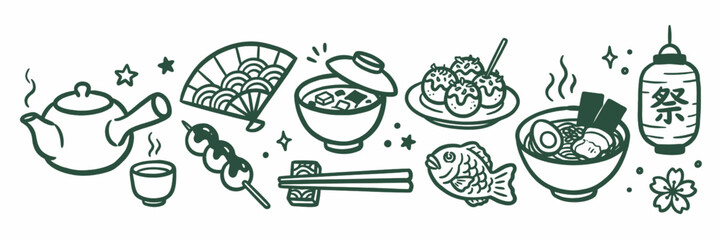 Fototapeta premium Hand Drawn Japanese Food and Cultural Elements Collection in Minimalist Outline Style Illustration