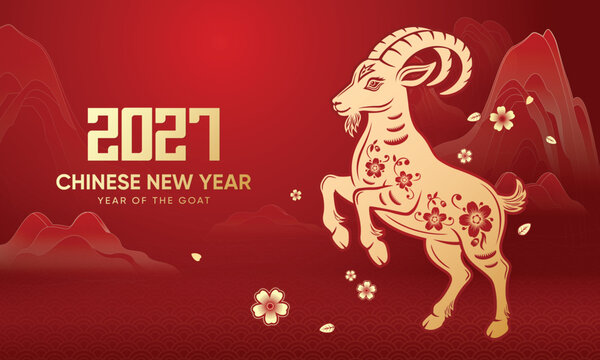Happy Chinese New Year 2027 Year of the Goat with Peach Blossoms and Red Gold Mountain Background (Translation: Happy new year, year of the goat)