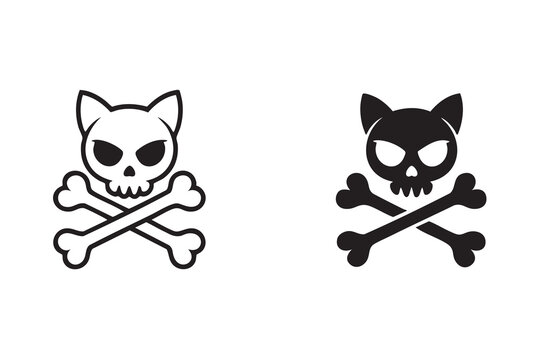 Gothic Cat Skeleton Symbol, Crossed Bones Mascot for Horror Gaming, Punk Merchandise, Halloween Design, and Apparel
