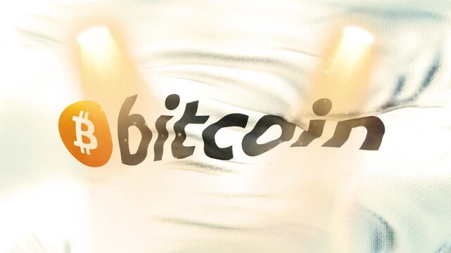 Digital currency logo displayed on a flowing white fabric background with bright golden spotlights with video cryptocurrency logo animated rippling white cloth surface under glowing spotlights symbol