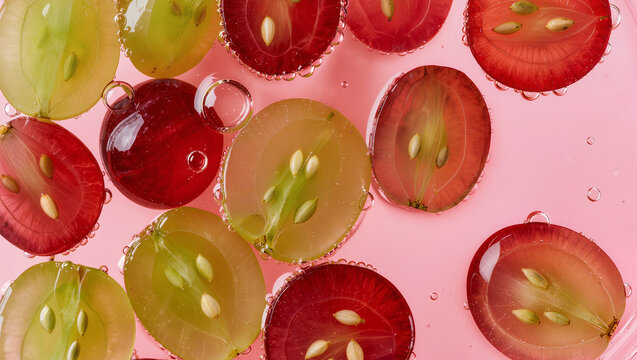 Macro of sliced red and green grape cross sections in liquid on pink, artistic fresh fruit and healthy food concept with copy space for text